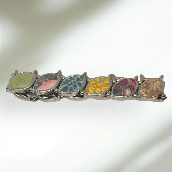 Vera Bradley multicolor clay pebble silvertone leaf stretchy bracelet colorful - Picture 3 of 10